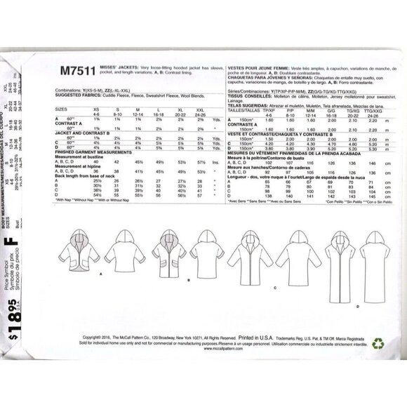 McCall's M7511 Misses L to XXL Hooded Fleece Jackets Uncut Sewing Pattern - Picture 2 of 2
